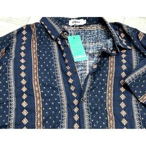 VATPAVE Button Shirt Men L Multi Color Navy/Orange Cotton/viscose Boho Festival